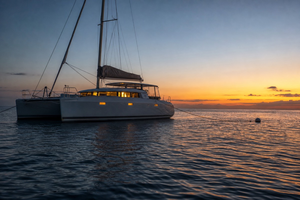 A liveaboard catamaran anchored on the Great Barrier Reef at sunset with cabin lights on