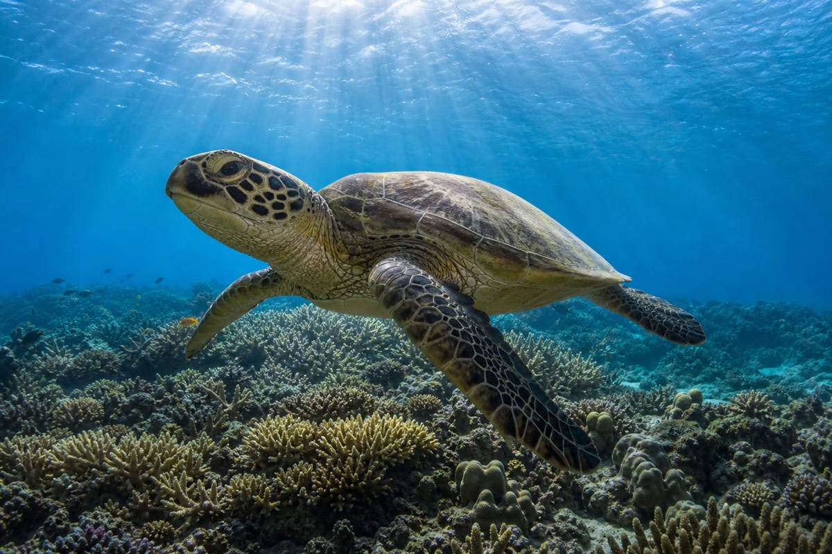 A green sea turtle gliding over coral on the Great Barrier Reef with a snorkeler visible in the background